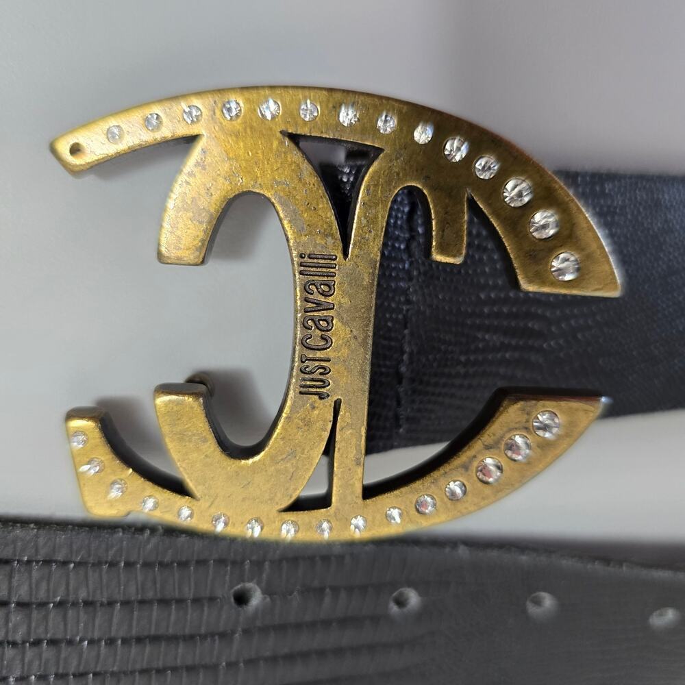 JUST CAVALI Black Leather Belt Rhinestone Trim 38.5" Long - Picture 2 of 6